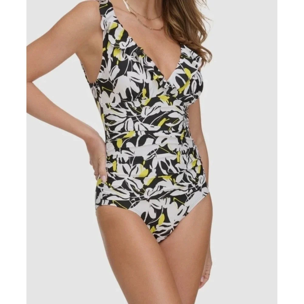 DKNY Womens Small One Piece Swimsuit Black White Yellow Floral  Tummy Control - Picture 10 of 13
